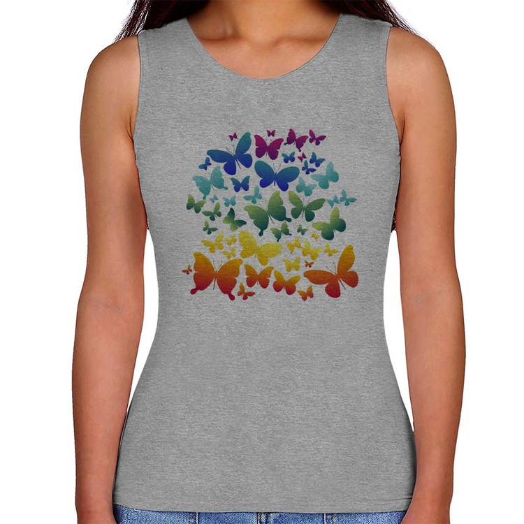 Regata Feminina Borboletas Coloridas - Cinza