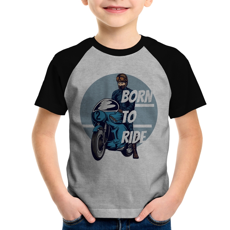 Camiseta Raglan Infantil Born To Ride - Cinza/Preto