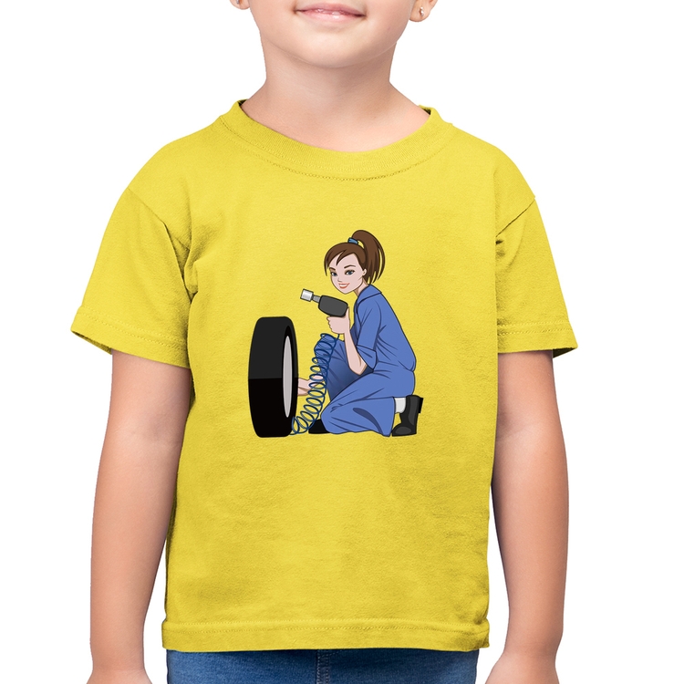 Camiseta Algodão Infantil Borracharia Girl - Amarelo Canário