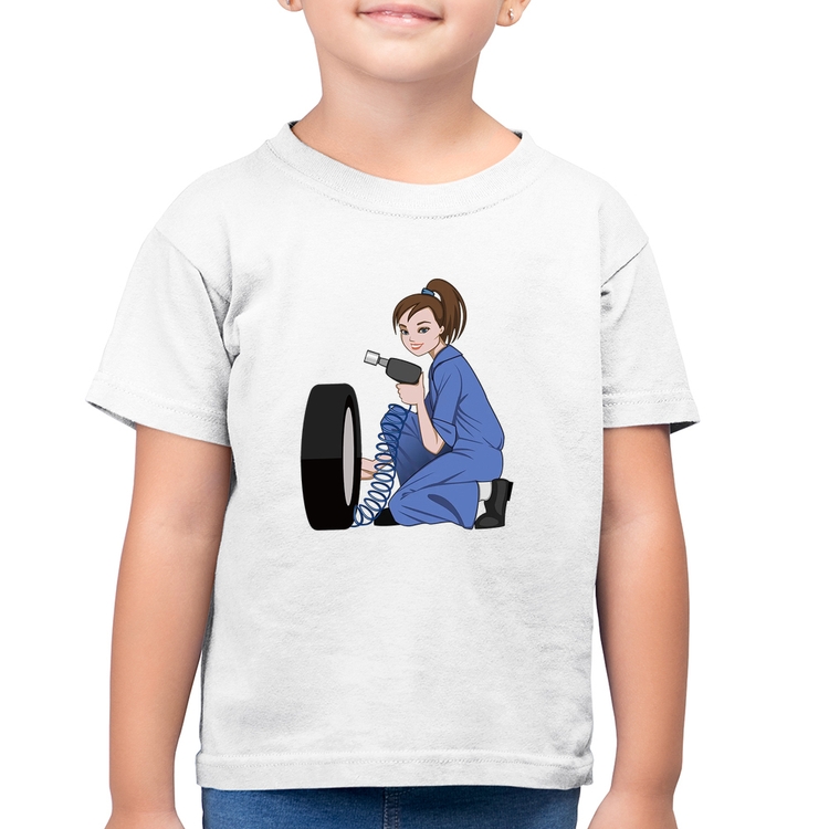 Camiseta Algodão Infantil Borracharia Girl - Branca