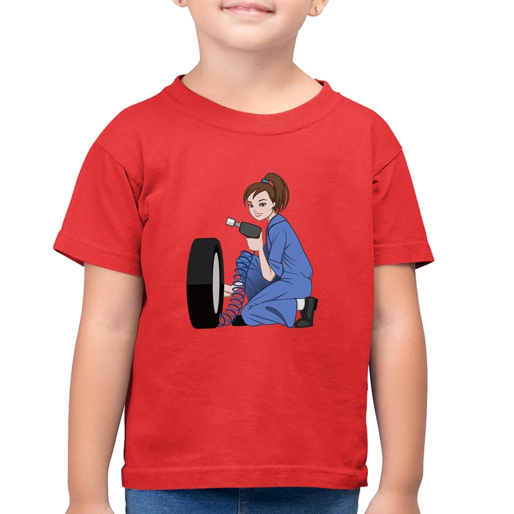 Camiseta Algodão Infantil Borracharia Girl - Vermelha