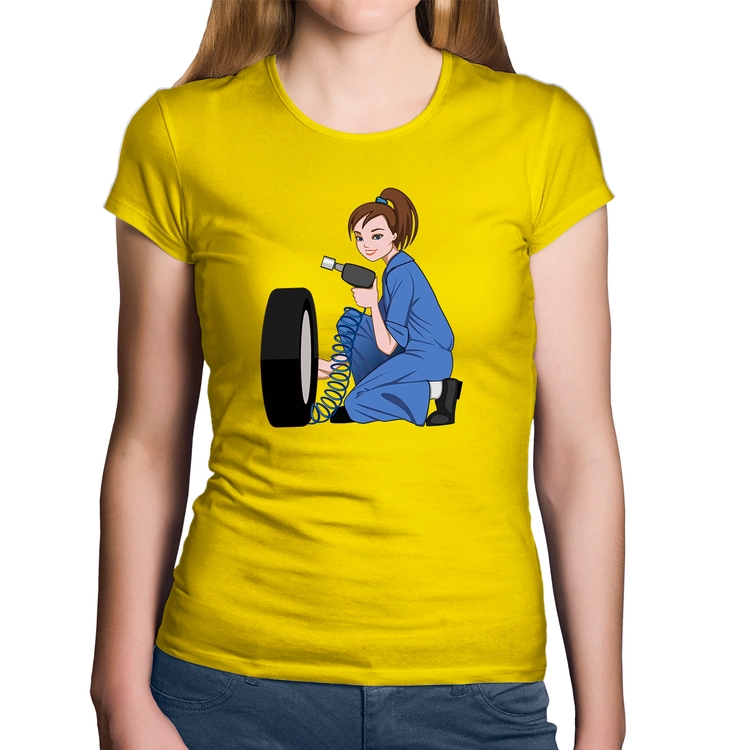 Baby Look Algodão Borracharia Girl - Amarela