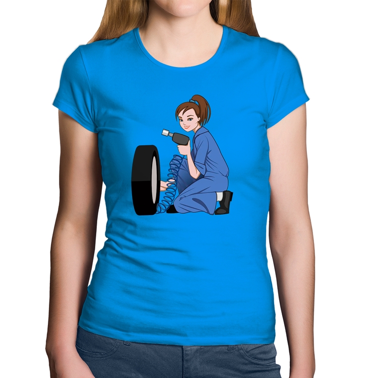 Baby Look Algodão Borracharia Girl - Azul