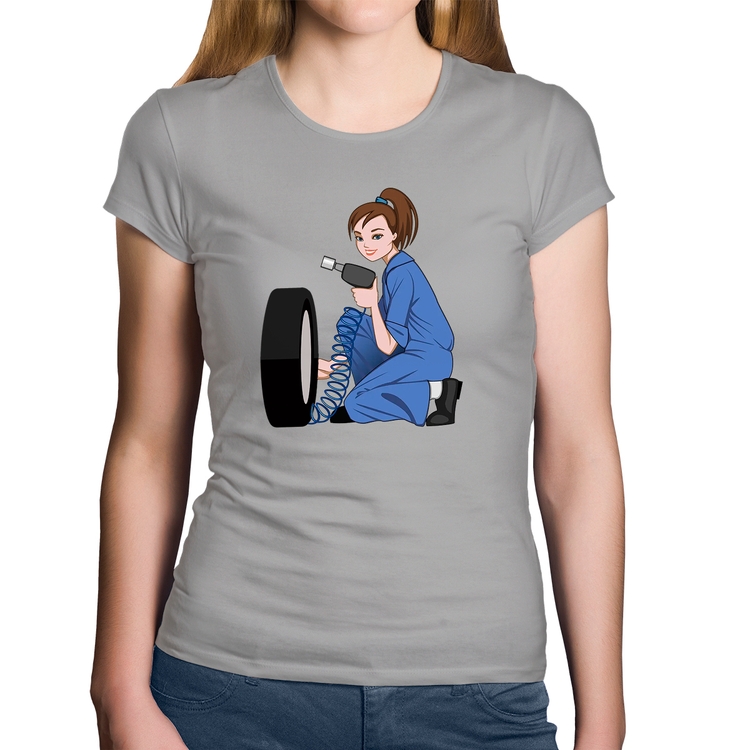 Baby Look Algodão Borracharia Girl - Cinza