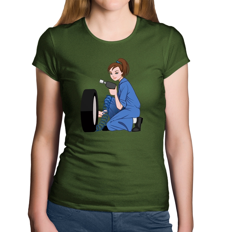 Baby Look Algodão Borracharia Girl - Musgo