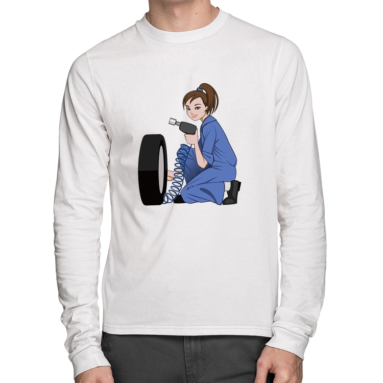 Camiseta Algodão Borracharia Girl Manga Longa - Branca
