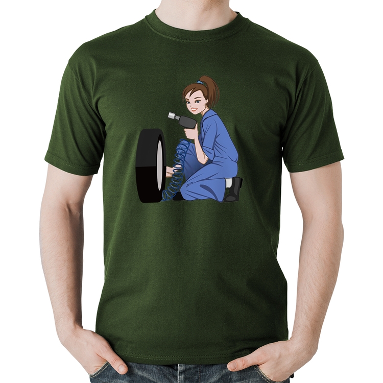 Camiseta Algodão Borracharia Girl - Musgo