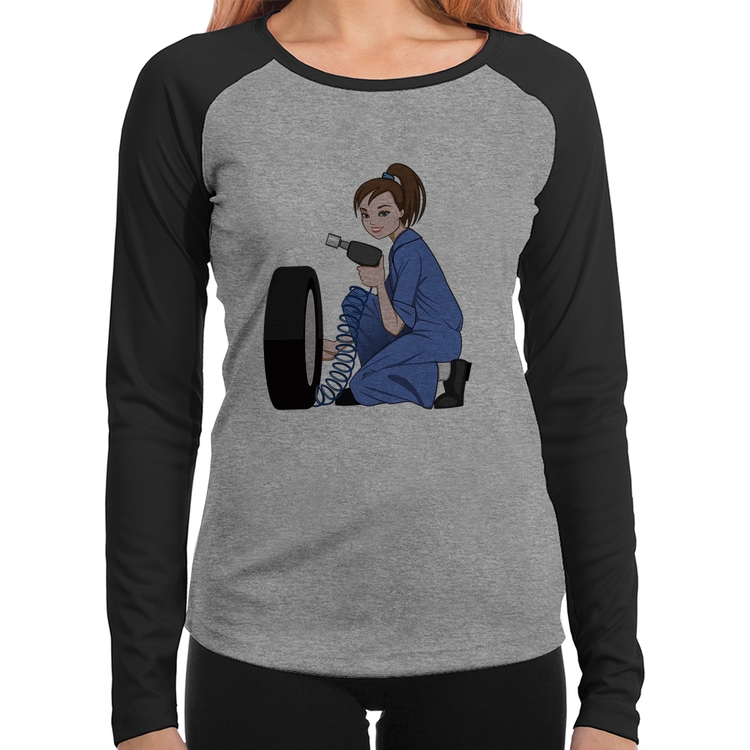 Baby Look Raglan Borracharia Girl Manga Longa - Cinza/Preto