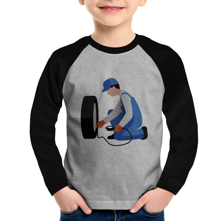 Camiseta Raglan Infantil Borracharia Manga Longa - Cinza/Preto