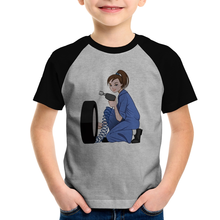 Camiseta Raglan Infantil Borracharia Girl - Cinza/Preto