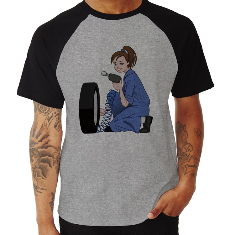 Camiseta Raglan Borracharia Girl - Cinza/Preto