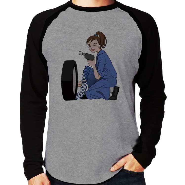 Camiseta Raglan Borracharia Girl Manga Longa - Cinza/Preto