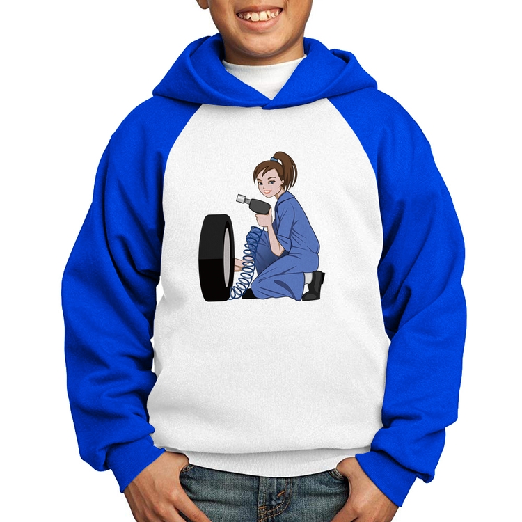 Moletom Infantil Borracharia Girl - Branco/Azul