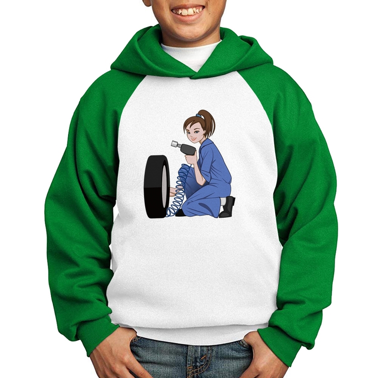 Moletom Infantil Borracharia Girl - Branco/Verde