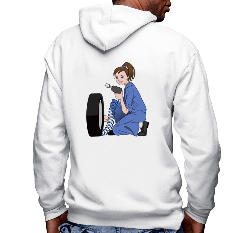 Blusa Moletom Borracharia Girl Masculina com Capuz e Zíper - Branca