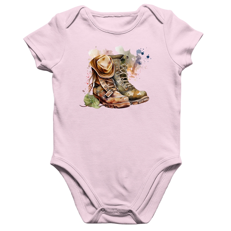 Body Bebê Algodão Botas e Chapéu Retrô - Rosa Bebê