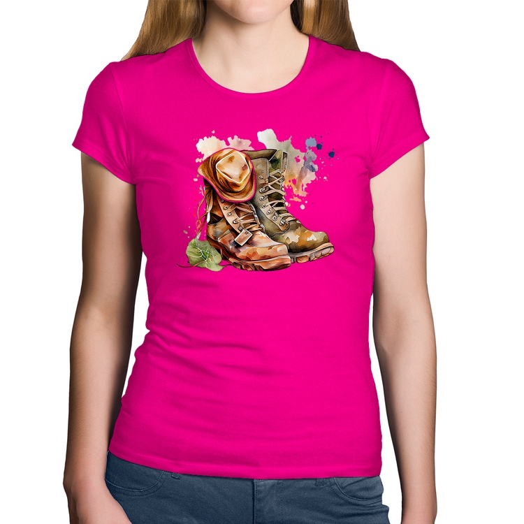 Baby Look Algodão Botas e Chapéu Retrô - Rosa