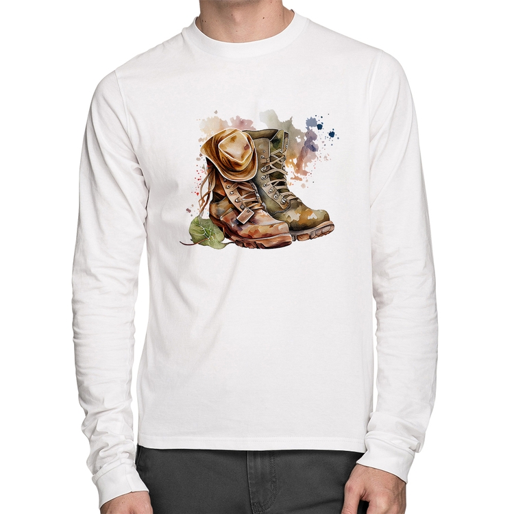 Camiseta Algodão Botas e Chapéu Retrô Manga Longa - Branca