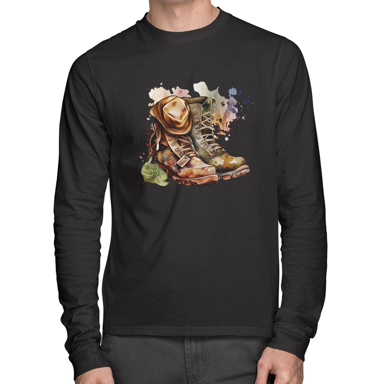 Camiseta Algodão Botas e Chapéu Retrô Manga Longa