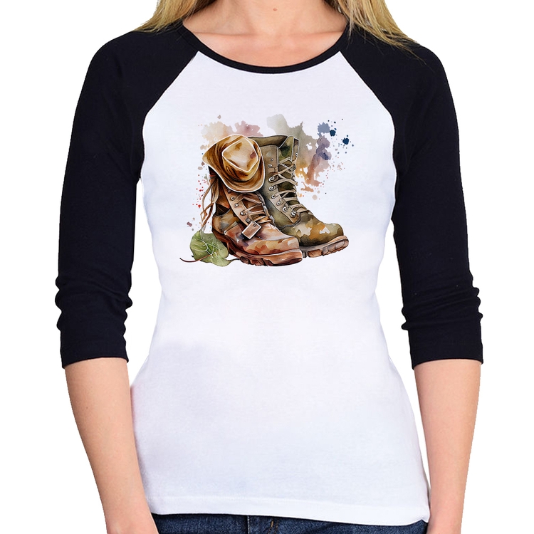 Baby Look Raglan Botas e Chapéu Retrô Manga 3/4