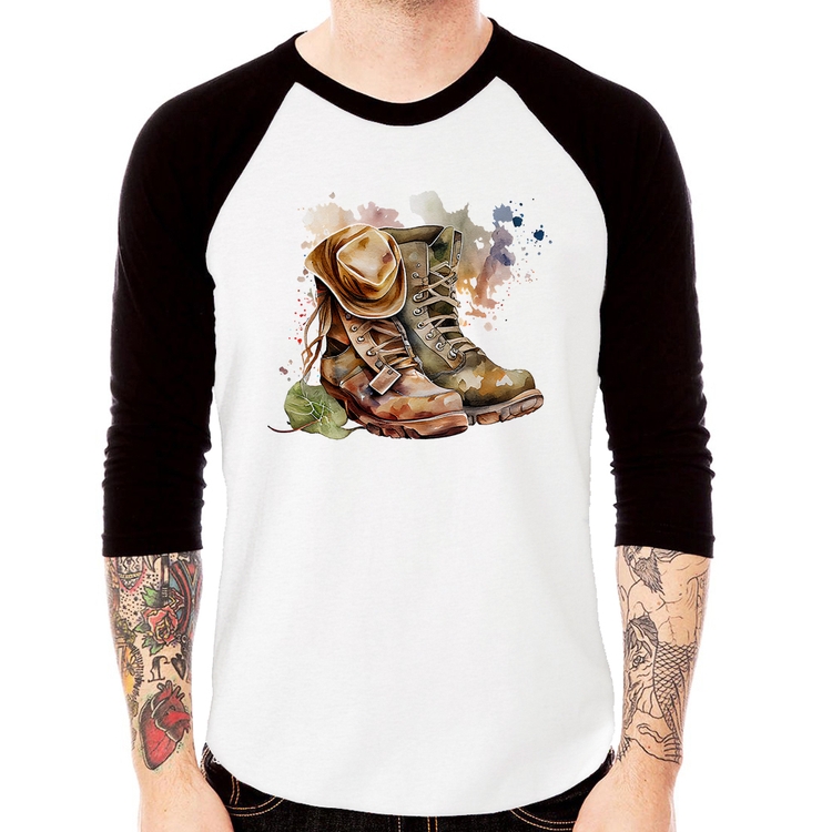 Camiseta Raglan Botas e Chapéu Retrô Manga 3/4