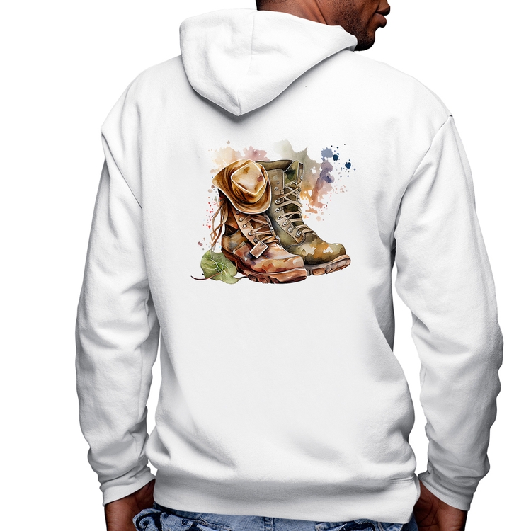 Blusa Moletom Botas e Chapéu Retrô Masculina com Capuz e Zíper - Branca