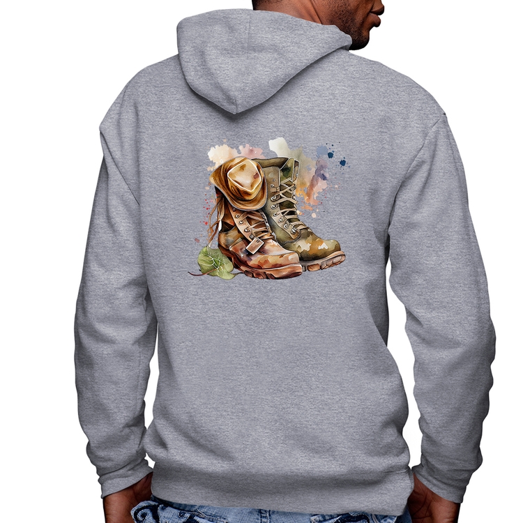 Blusa Moletom Botas e Chapéu Retrô Masculina com Capuz e Zíper - Mescla