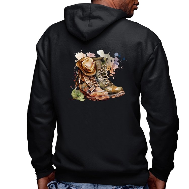 Blusa Moletom Botas e Chapéu Retrô Masculina com Capuz e Zíper