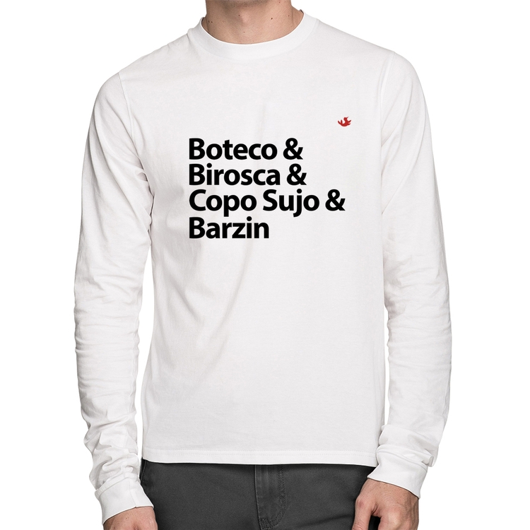 Camiseta Algodão Boteco & Birosca & Copo Sujo & Barzin Manga Longa - Branca