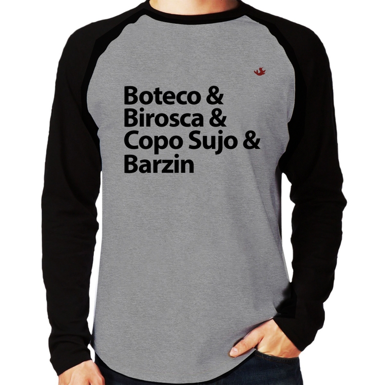 Camiseta Raglan Boteco & Birosca & Copo Sujo & Barzin Manga Longa - Cinza/Preto