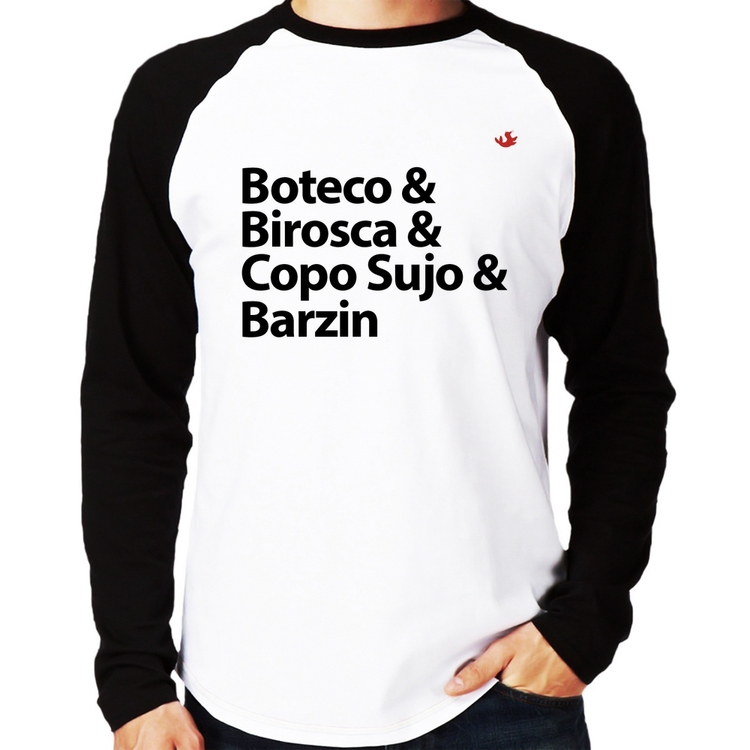 Camiseta Raglan Boteco & Birosca & Copo Sujo & Barzin Manga Longa