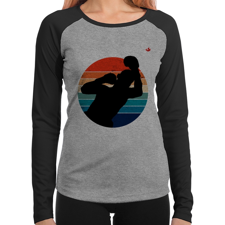 Baby Look Raglan Boxe Vintage Sunset Manga Longa - Cinza/Preto