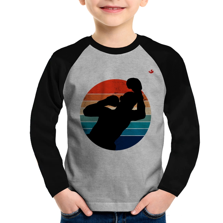 Camiseta Raglan Infantil Boxe Vintage Sunset Manga Longa - Cinza/Preto