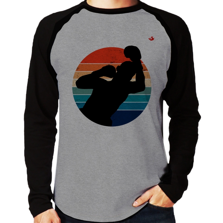 Camiseta Raglan Boxe Vintage Sunset Manga Longa - Cinza/Preto