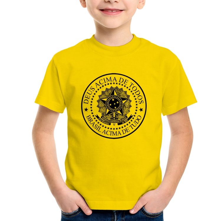 Camiseta Infantil Brasil Acima de Tudo Deus Acima de Todos - Amarela