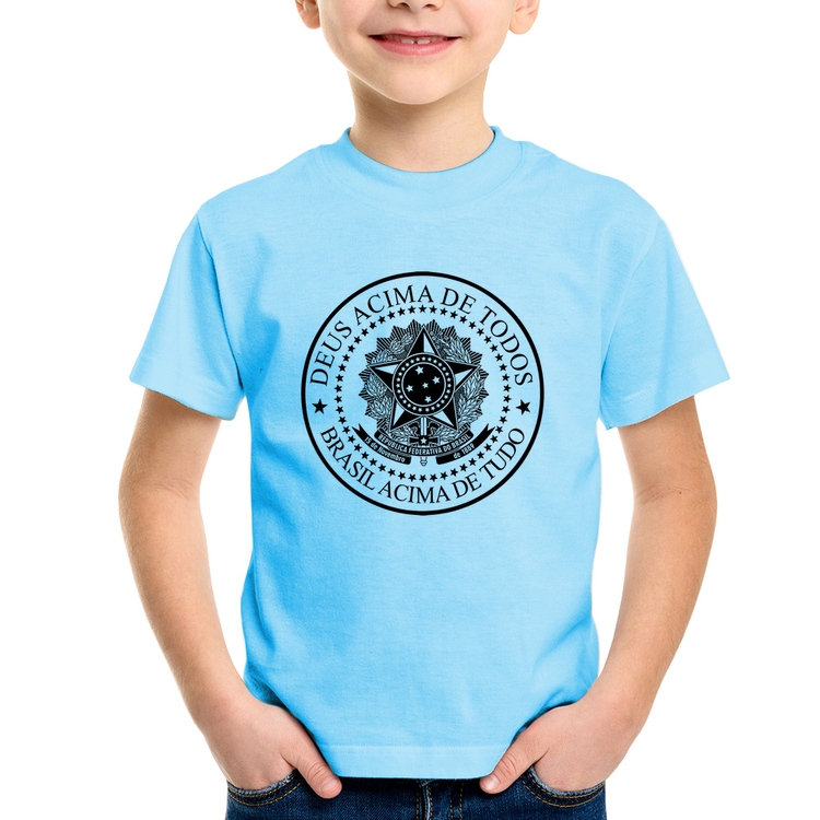 Camiseta Infantil Brasil Acima de Tudo Deus Acima de Todos - Azul Bebê