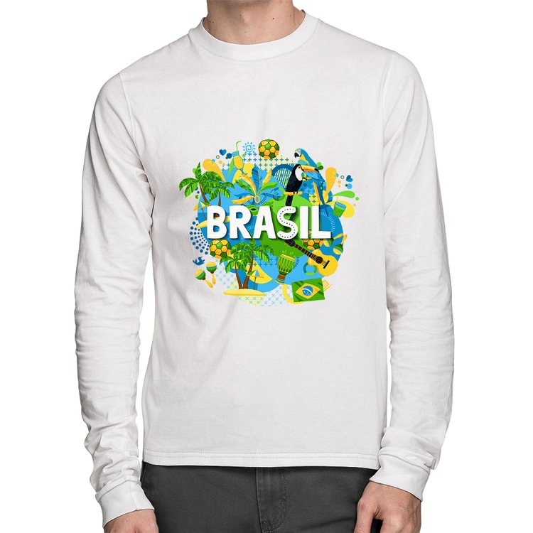 Camiseta Algodão Brasil Manga Longa - Branca