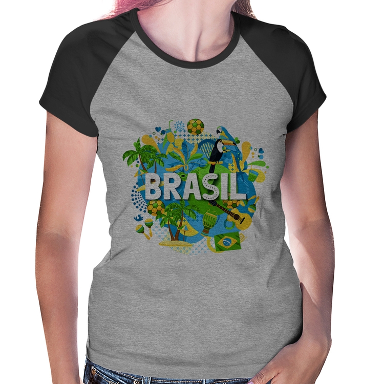 Baby Look Raglan Brasil - Cinza/Preto