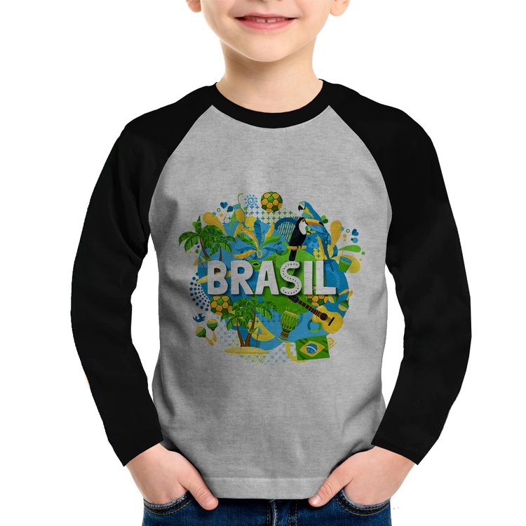 Camiseta Raglan Infantil Brasil Manga Longa - Cinza/Preto