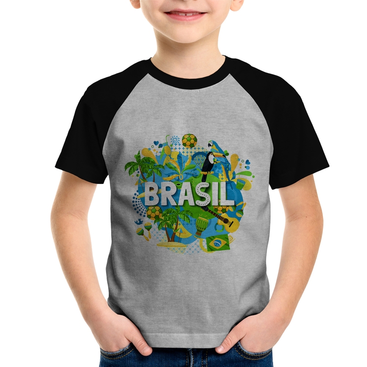 Camiseta Raglan Infantil Brasil - Cinza/Preto