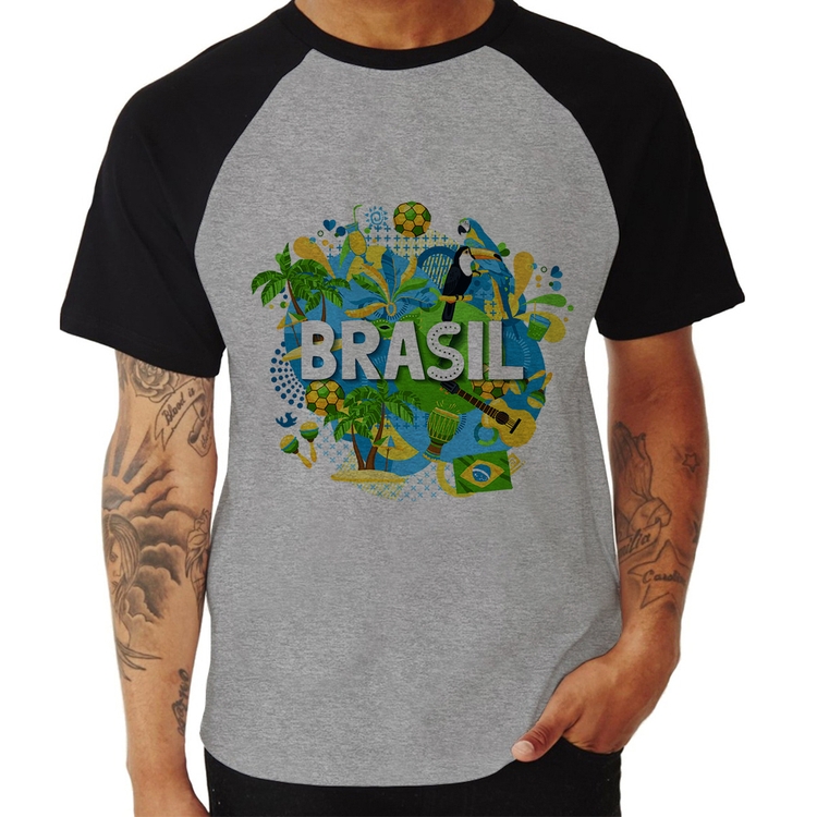 Camiseta Raglan Brasil - Cinza/Preto