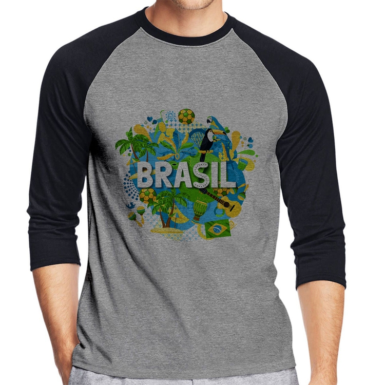 Camiseta Raglan Brasil Manga 3/4 - Cinza/Preto