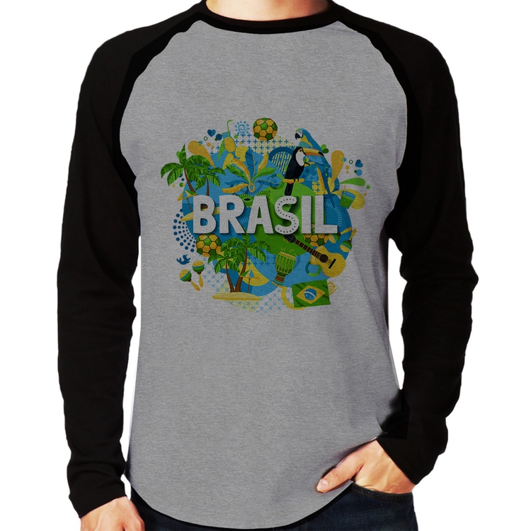 Camiseta Raglan Brasil Manga Longa - Cinza/Preto