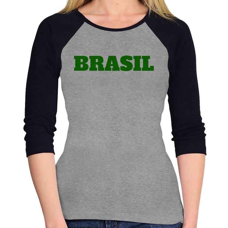 Baby Look Raglan Brasil - Copa do Mundo Manga 3/4 - Cinza/Preto