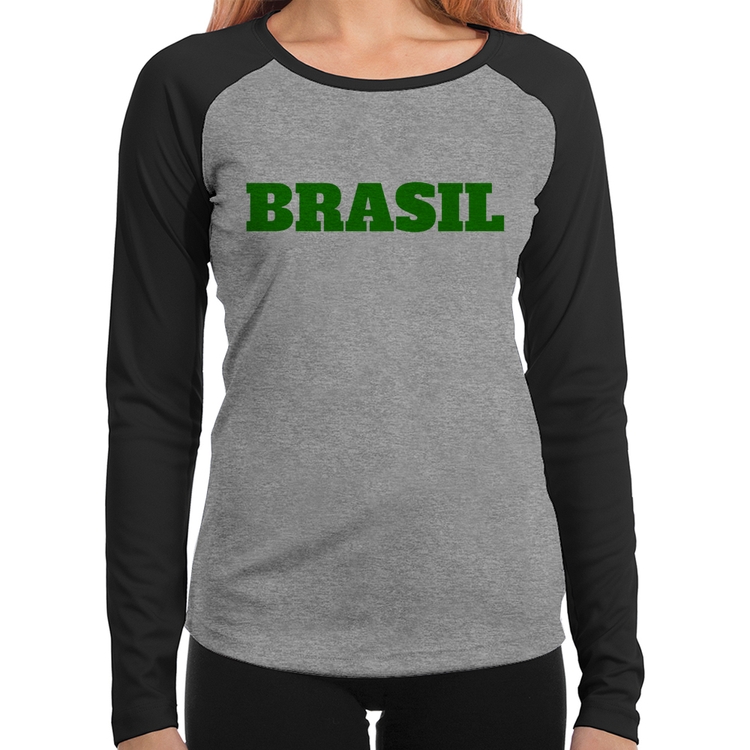 Baby Look Raglan Brasil - Copa do Mundo Manga Longa - Cinza/Preto