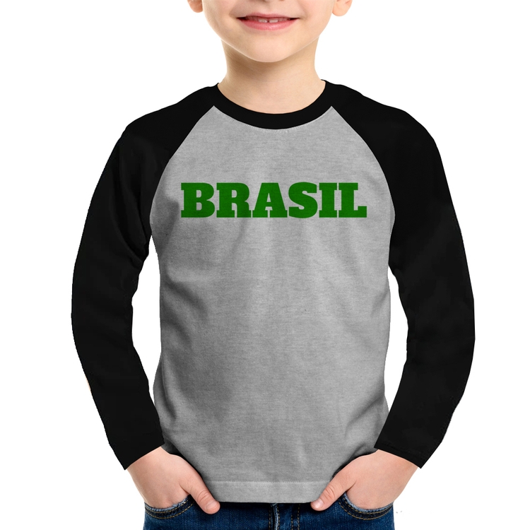 Camiseta Raglan Infantil Brasil - Copa do Mundo Manga Longa - Cinza/Preto