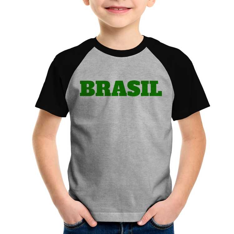 Camiseta Raglan Infantil Brasil - Copa do Mundo - Cinza/Preto