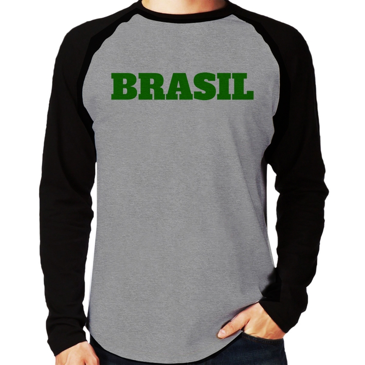 Camiseta Raglan Brasil - Copa do Mundo Manga Longa - Cinza/Preto