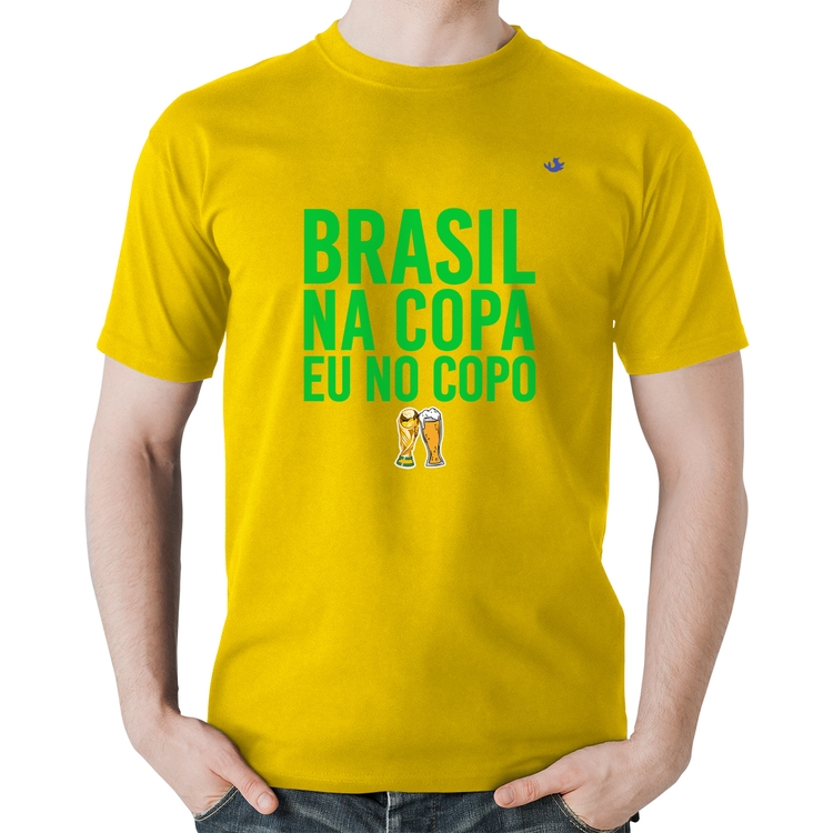 Camiseta Algodão Brasil na Copa eu no copo - Amarela
