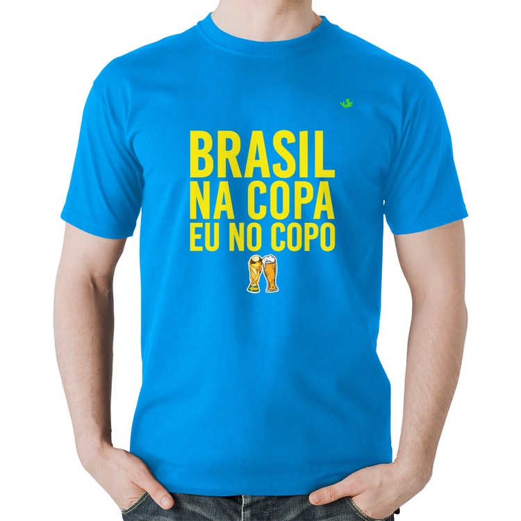 Camiseta Algodão Brasil na Copa eu no copo - Azul